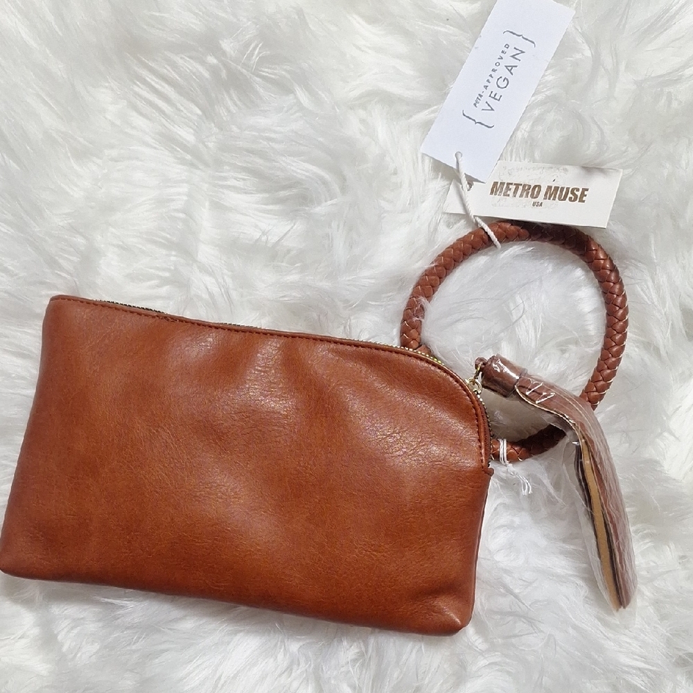 Brown Leather Wristlet Clutch with Key Ring